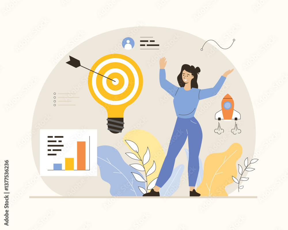 Aufkleber finding ideas, solutions. brainstorming and finding solutions to problems. a happy woman find a grea