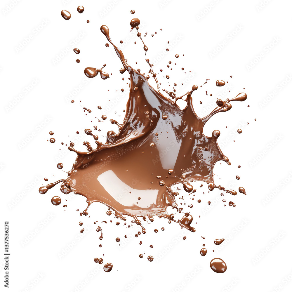 Poster chocolate splashes dynamically against a pure transparent background creating an artistic splash eff