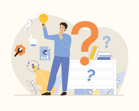 Finding ideas, solutions, brainstorming process. Finding suitable solutions and strategies. Man looking for answers to a questions. Flat vector illustration.