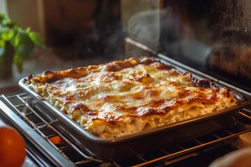 A freshly baked lasagna, golden brown and bubbling, sits in a metal baking pan on a wire rack inside an oven. Steam rises from the cheesy top layer
