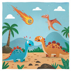 Un Meteorito atraviesa el cielo en una ilustración infantil colorida de la extinción de los Dinosaurios. Tres dinosaurios reaccionan con sorpresa en un paisaje prehistórico con palmeras y montañas. © Bløngi