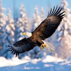 Bald Eagle Soaring with Snowy Forest.