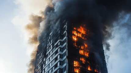 Fire engulfs high-rise building in city, emergency responders on the scene