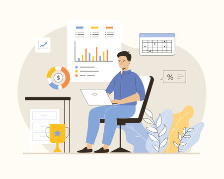 Digital business concept. Man work with charts and graphs. Management, planning, strategy development online. Flat vector illustration.