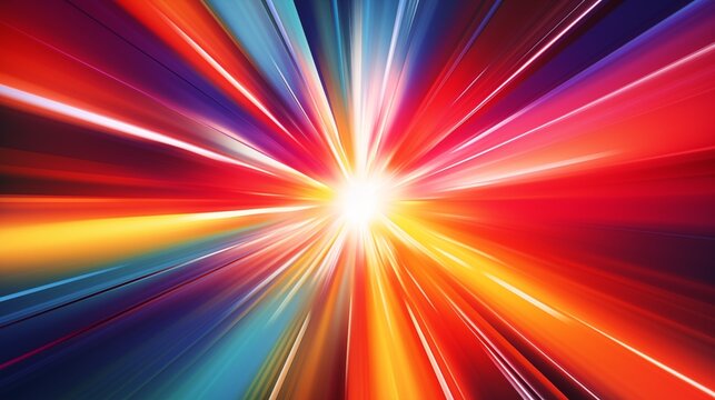Flash rays abstract colorful background design. Multi-colored stripes and lines in perspective and converging into a point. Explosive light speed rays effect. Flash of bright light. AI artwork.