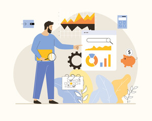 Digital business concept. Man researching statistics, brainstorming and using marketing tools. Flat vector illustration.