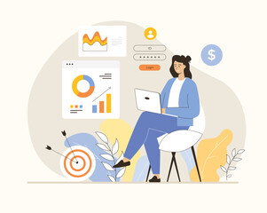 Digital business concept. Woman compares sales performance of company and analyzing statistics. Flat vector illustration.