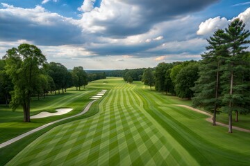 Fototapeta premium Aerial view of an immaculate golf course with precision-striped fairways, sand bunkers, tall trees, and dramatic skies – ideal for luxury sports, outdoor leisure, and professional golf themes