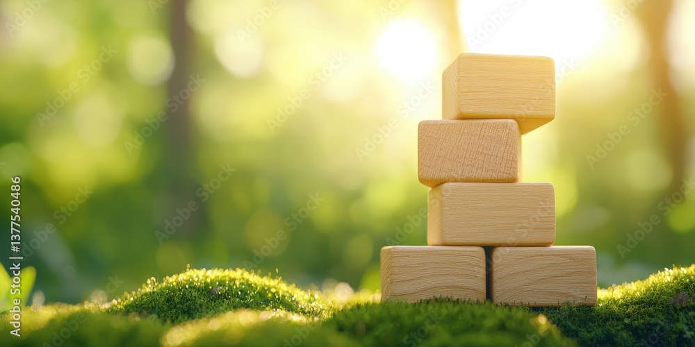 Aufkleber a stack of wooden blocks on green moss, illuminated by soft sunlight, creating a serene and playful 