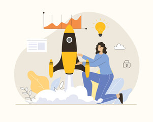 Obraz premium Startup business concept. Woman launches rocket. Сreating development strategy and starts company. Flat vector illustration.