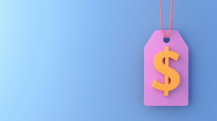 sale tag with dollar sign hanging against blue background, symbolizing discounts and promotions, evokes sense of savings and shopping excitement