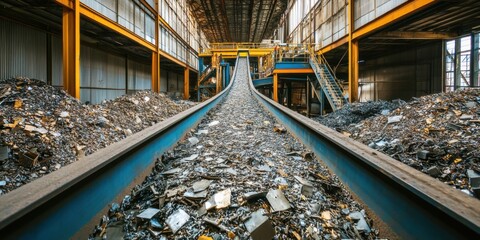 Metal recycling facility showing conveyor system transporting scrap materials for processing