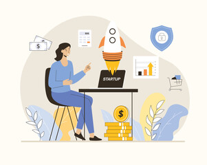 Startup business concept. Woman launching rocket, starting new project. Flat vector illustration.