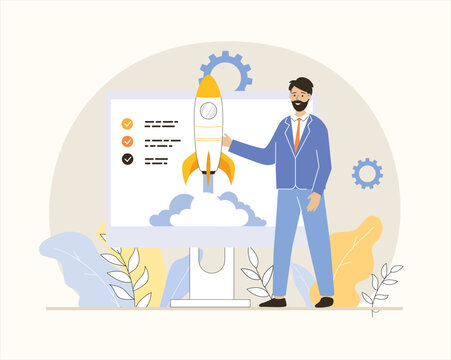 Startup business concept. Businessman generates ideas, planning and launches new project. Flat vector illustration.
