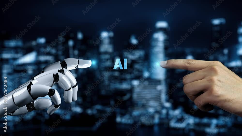 Poster futuristic robot artificial intelligence enlightening ai technology development and machine learning