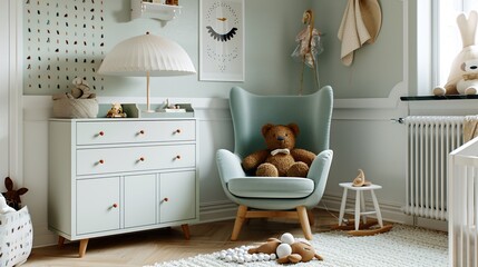 Cozy pastel nursery, featuring a light-green dresser, chair, and lamp.  Soft textiles and toys create a serene atmosphere