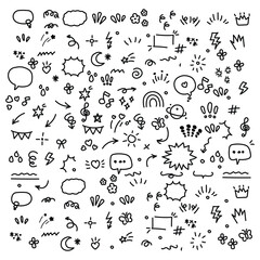 Hand drawn line elements. Doodle pen signs and effects. Simple sketch sparkle, star, glitter, icons, heart, floral objects. Decorative pencil curved symbols and shape. Doodle Vector set