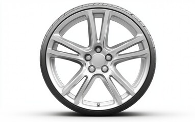 Obraz premium Modern alloy wheel with sleek design positioned against a neutral background representing automotive engineering aesthetics