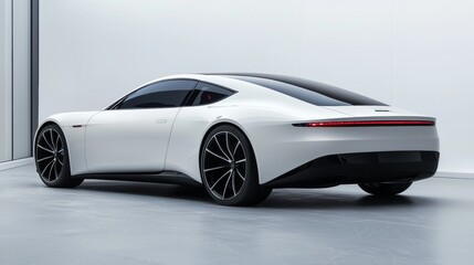 Sleek modern electric vehicle displayed in a minimalist showroom environment on a bright day