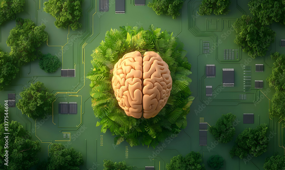 Poster brain concept surrounded by nature and circuit board elements