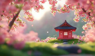 Serene Old Wooden Shrine Surrounded by Blooming Sakura Blossoms