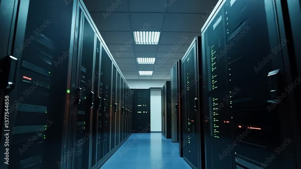 Poster data center server room: high-tech infrastructure with network equipment and server racks