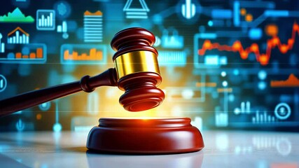 Gavel striking a sound block with digital financial graphs and data analytics in the background