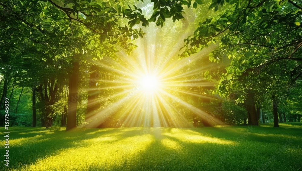 Poster brightly lit forest scene with sunlight streaming through trees creating a warm and inviting atmosph