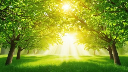 Obraz premium Vibrant green forest scene with abundant sunlight streaming through trees illuminating the landscape