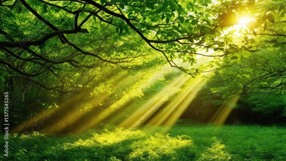 Poster magical sunbeam filtering through lush forest canopy creating a radiant and enchanting environment