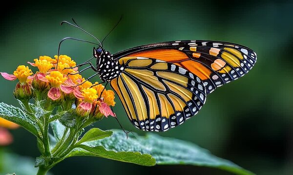 Butterfly Winged beauty rests upon vibrant yellow and peach flowers against a blurred green backdrop