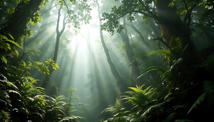 Fototapeta premium Sunlight Shining Through Dense Forest Canopy with Ferns and Trees