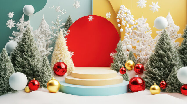 Christmas themed podium presents vibrant product display snow ground create joyous festive mood