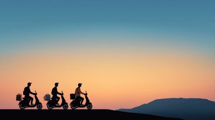 Fototapeta premium Three riders on scooters at sunset scenic landscape travel photography adventure peaceful view