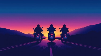 Fototapeta premium Bikers riding into the sunset open road adventure photography scenic landscape wide angle freedom concept