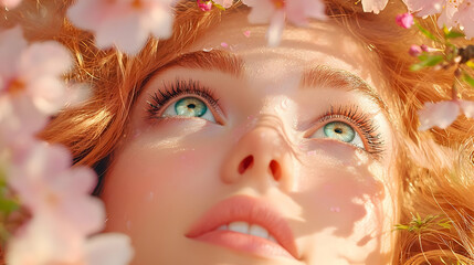 Obraz premium Close-Up of Eyes Gazing Upward Amidst Delicate Sakura Blossoms