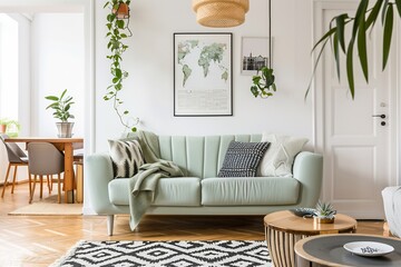 Modern, airy living room with light green sofa, plants, and wooden accents