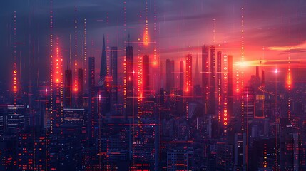 Naklejka premium Futuristic Cityscape at Sunset Digital Data Streams Over Modern Buildings