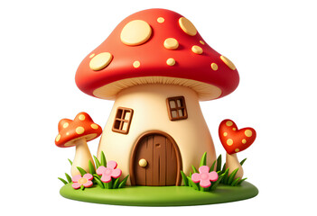 Cartoon Mushroom House, Flowers, Transparent Background, Fantasy, Whimsical