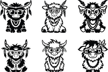 High quality cartoon baby cow or cattle silhouette vector illustration, High quality cartoon baby cow or cattle line art vector