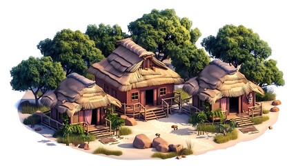 Obraz premium Tropical Island Village Hut Scene Three Thatched Roof Cabanas Surrounded by Lush Greenery