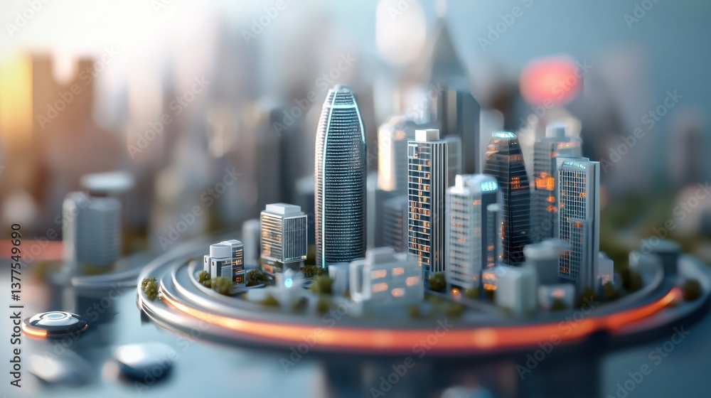 Poster conceptual image of a highly advanced, technology-driven urban landscape with autonomous systems, in