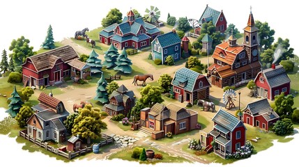 Obraz premium Charming Rural Village Scene Houses Barns Horses and Windmills in Idyllic Setting