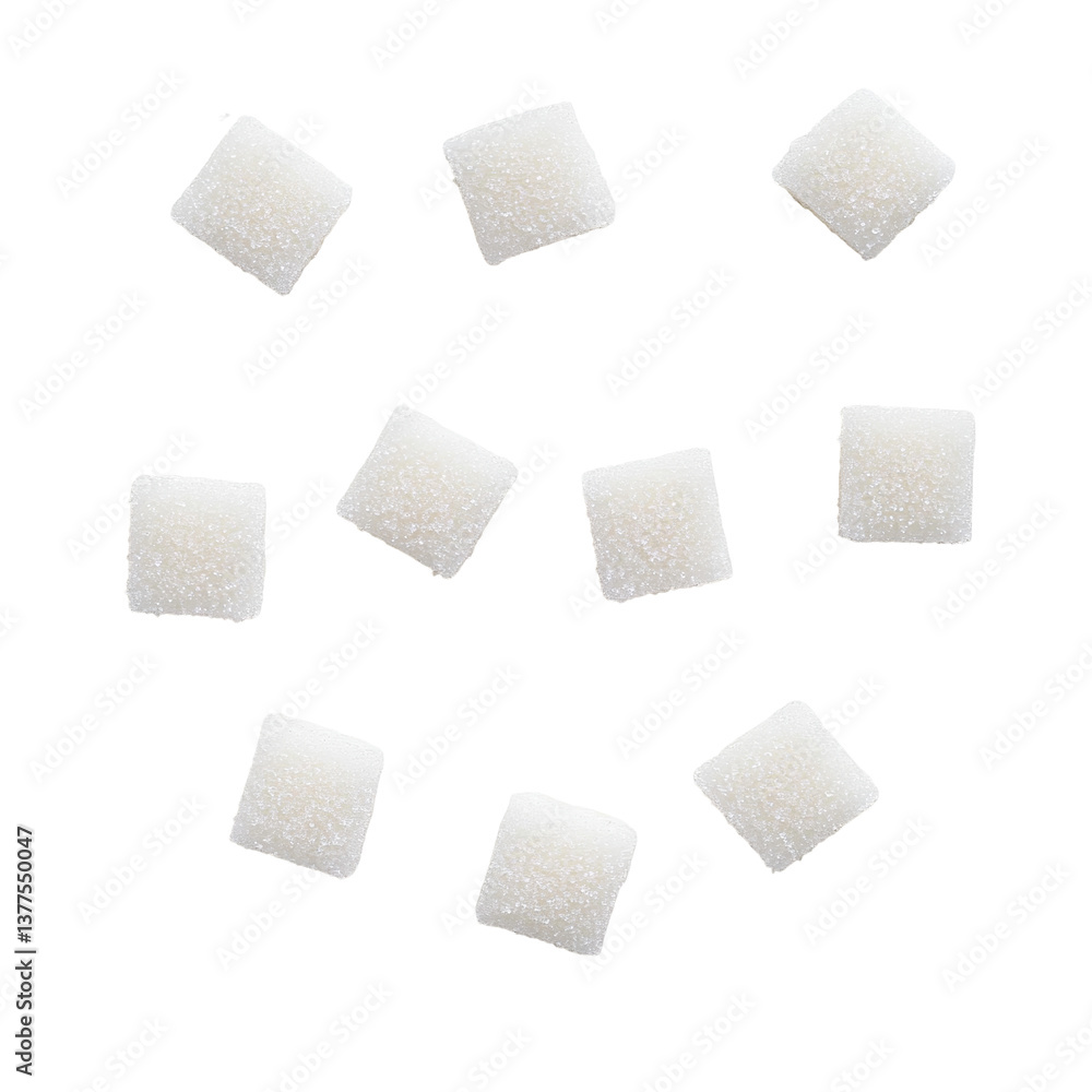 Poster transparent sugar cubes arranged on a clean transparent background highlighting their texture and fo