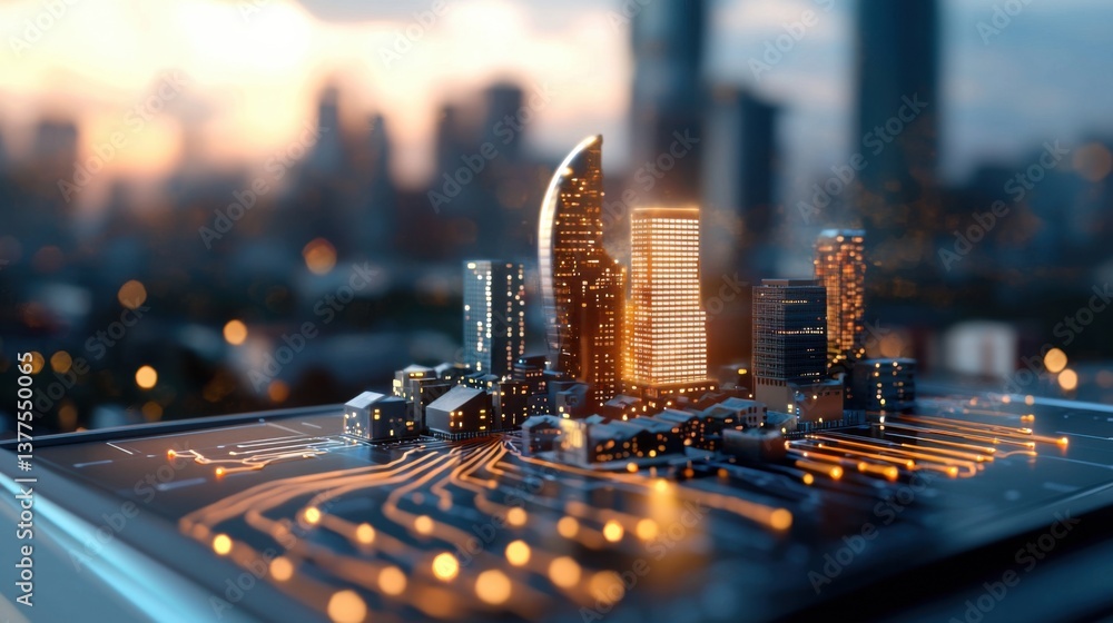 Poster aerial view of a futuristic city with an advanced, ai-powered smart grid system monitoring and optim