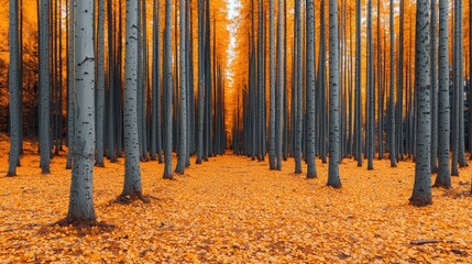 Vibrant Orange Forest with Tall Trees and Fallen Leaves in Autumn