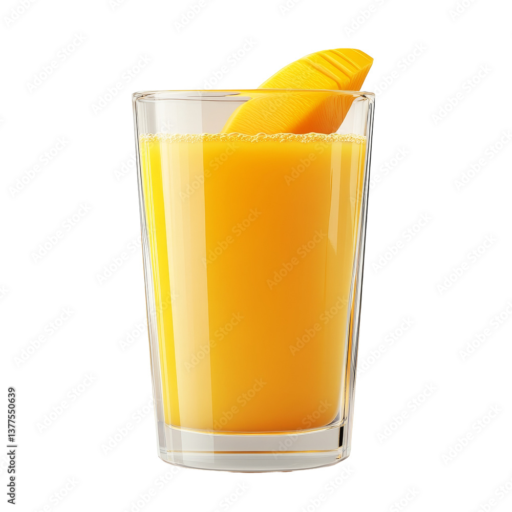Poster refreshing mango juice in a tall glass served with a slice of mango on a simple transparent backgrou