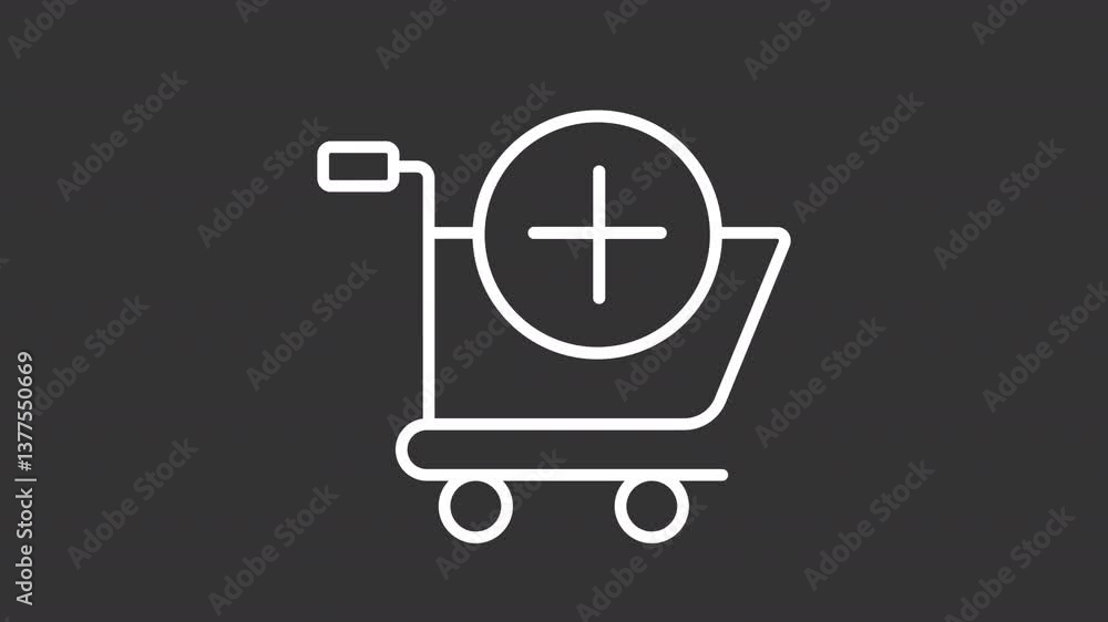 Poster shopping cart white line animation. online purchase add animated icon. scaling plus sign. service, s