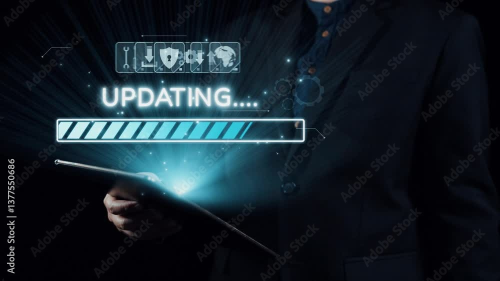 Poster a business professional is holding a tablet featuring a digital updating interface with various tech