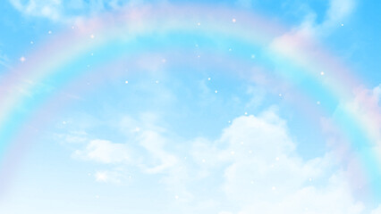 Beautiful blue sky with white clouds and rainbow effect. Vector illustration.